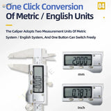 Silver digital vernier caliper with dual metric and english unit display for precise scale modeling measurements