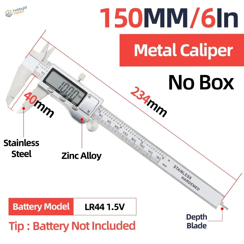 Digital vernier caliper with stainless steel body, zinc alloy parts, lcd display for precise 150mm scale modeling measurements
