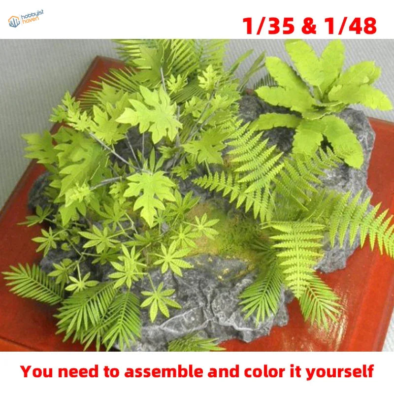 Diorama jungle plants lime-green plastic foliage set on gray rock base for scale modeling tools and precision hobby tools