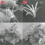 Artificial palm fronds and ferns in miniature tropical dioramas with textured rock bases for scale modeling tools