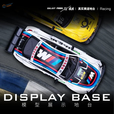 White and blue BMW M3 racing car on realistic track display base with aluminum alloy frame