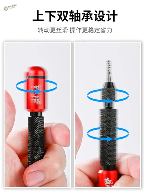 Red and black double bearing hand drill with textured grip