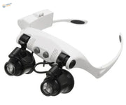 Double-eye head magnifier with LED lamp and swappable lenses