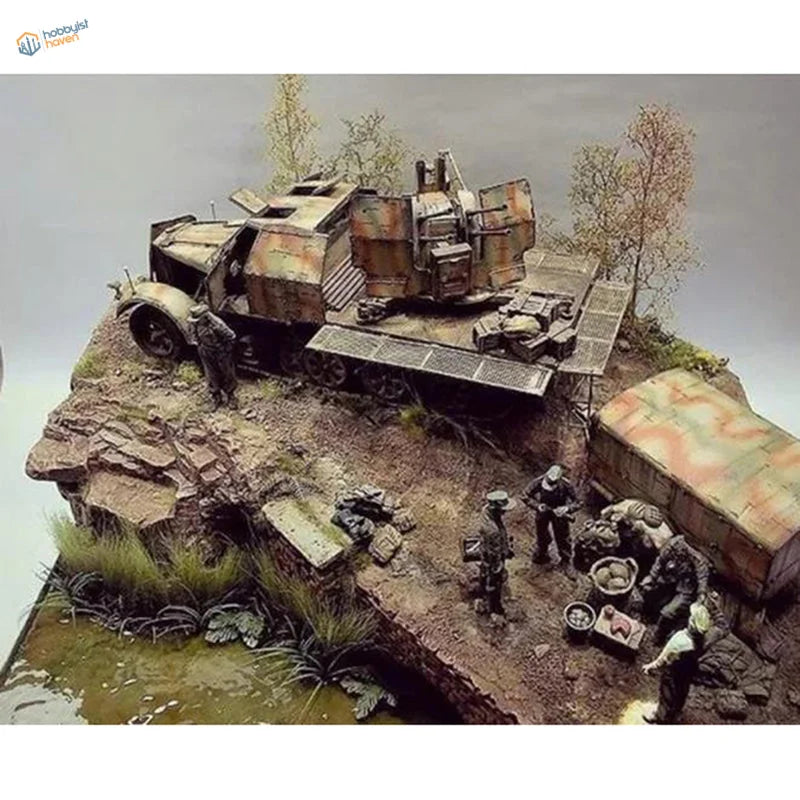 Dismantled military truck diorama with dry shrubs for diorama creation