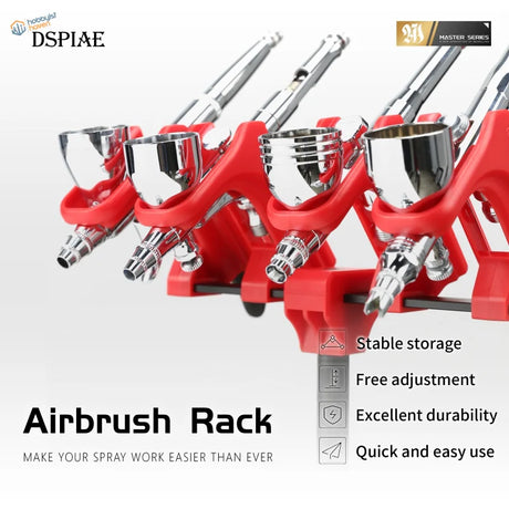DSPIAE 4-dock airbrush holder with red rack, chrome nozzles and cups