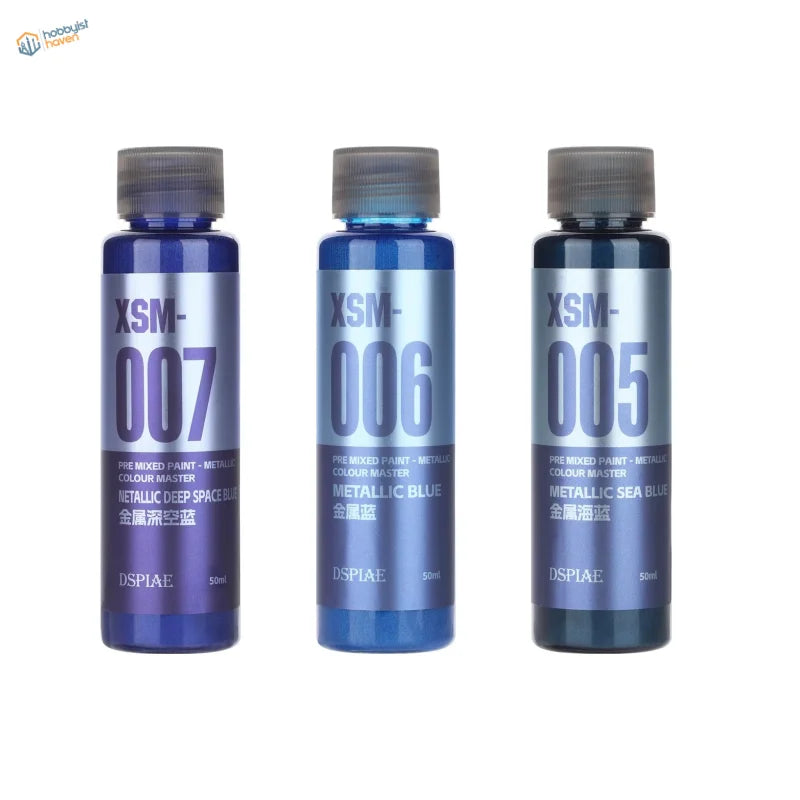 Three DSPIAE 50ml pre-mixed metallic paints in blue shades