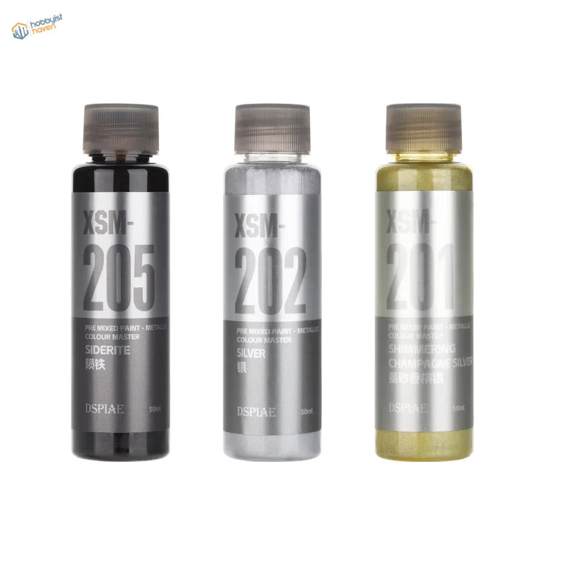 Three 50ml DSPIAE pre-mixed metallic paints: black 205, silver 202, champagne 201
