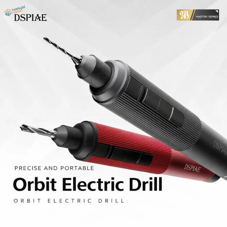 DSPIAE AT-ED Orbit electric hand drill with black red textured grip and spiral bit