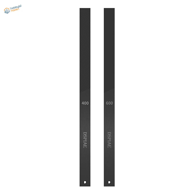 Two sleek matte black DSPIAE AT-FX DLC coated stainless steel strips with engravings
