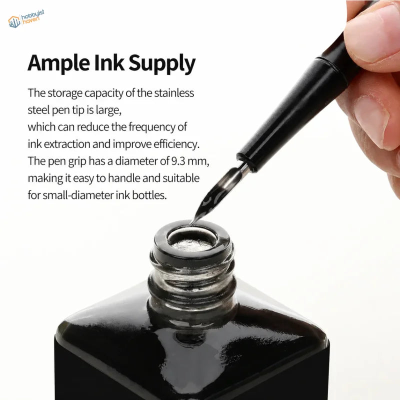 Dspiae at-pl pro panel line pen with black stainless steel nib dipped into panel line fluid ink bottle