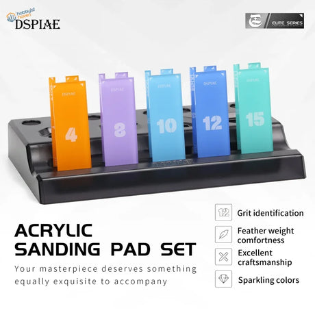 DSPIAE flexible acrylic sanding sticks set: 5 colorful pads labeled 4-15