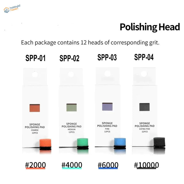 DSPIAE polishing sponges: 4 pads in white pack with orange #2000, green #4000, blue #6000, black #1000 heads