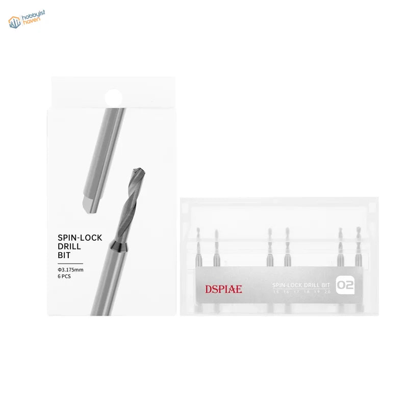 DSPIAE Spin-Lock silver drill bits in clear case with red branding