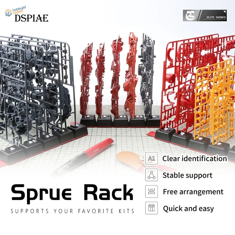 DSPIAE sprue organizing tabs with black and red plastic sprue racks