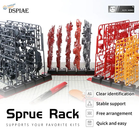 DSPIAE sprue organizing tabs with black and red plastic sprue racks