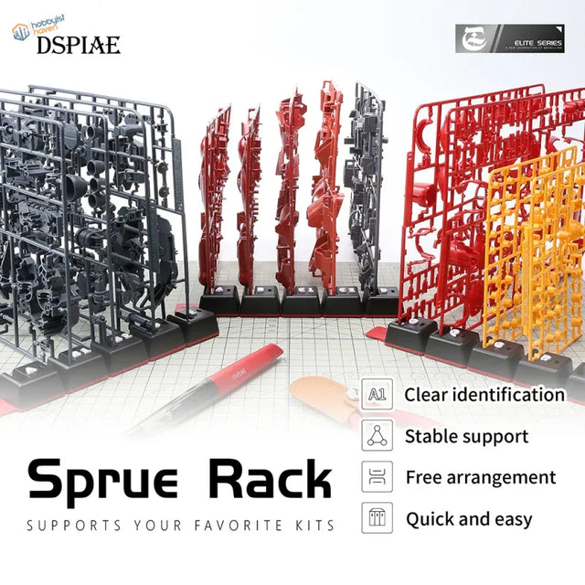 DSPIAE sprue organizing tabs with black and red plastic sprue racks