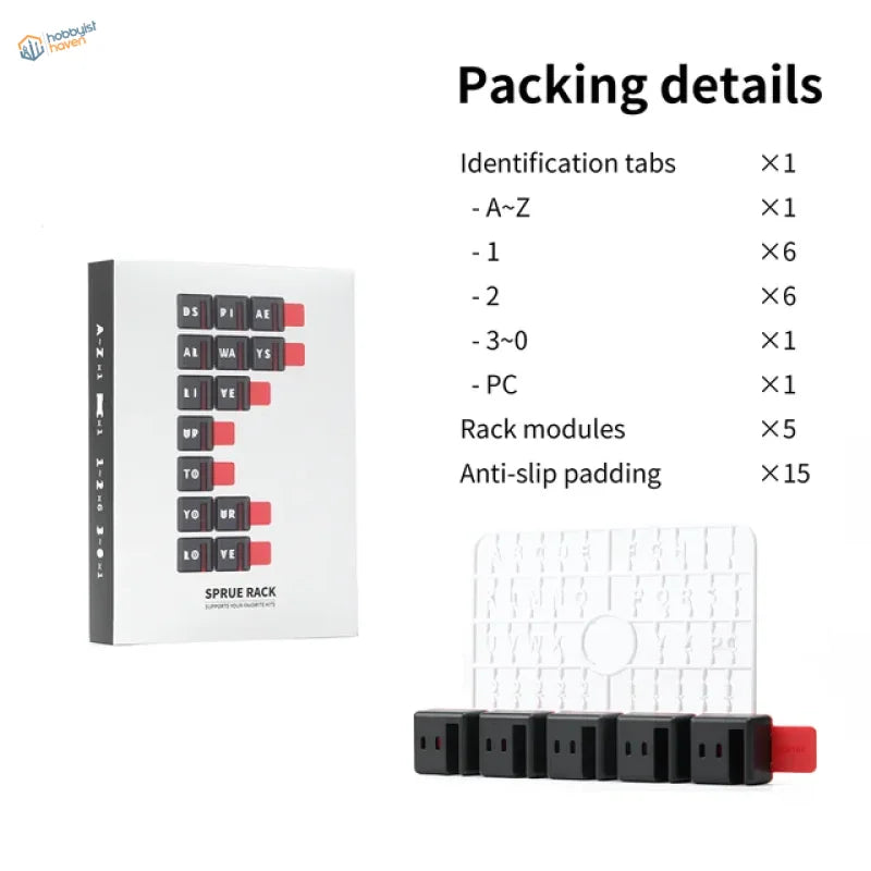 DSPIAE sprue organizing tabs in black red modular rack with sprue rack packaging