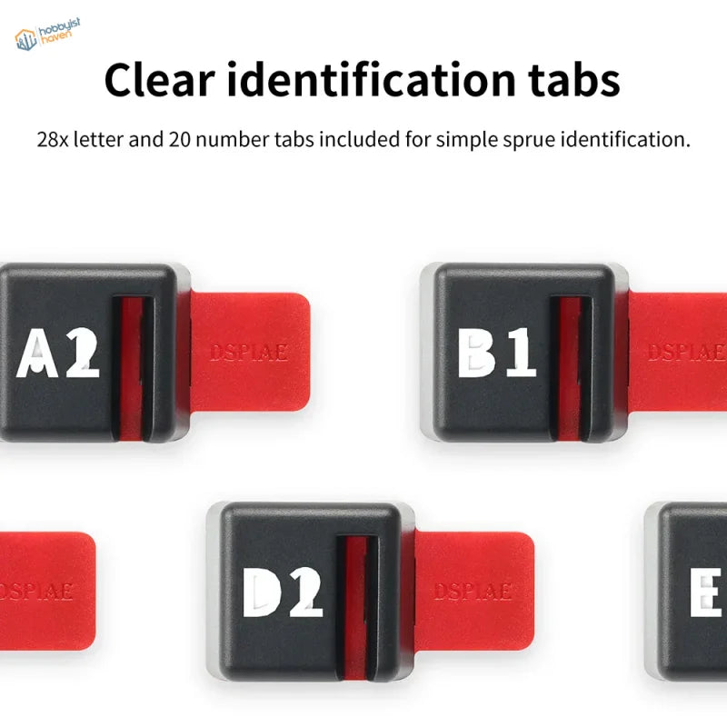 DSPIAE sprue organizing tabs: black/red plastic with white lettering