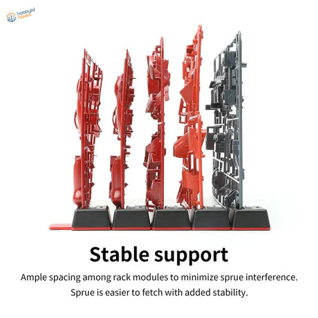 Dspiae sprue organizing tabs with red black model kit parts in rack