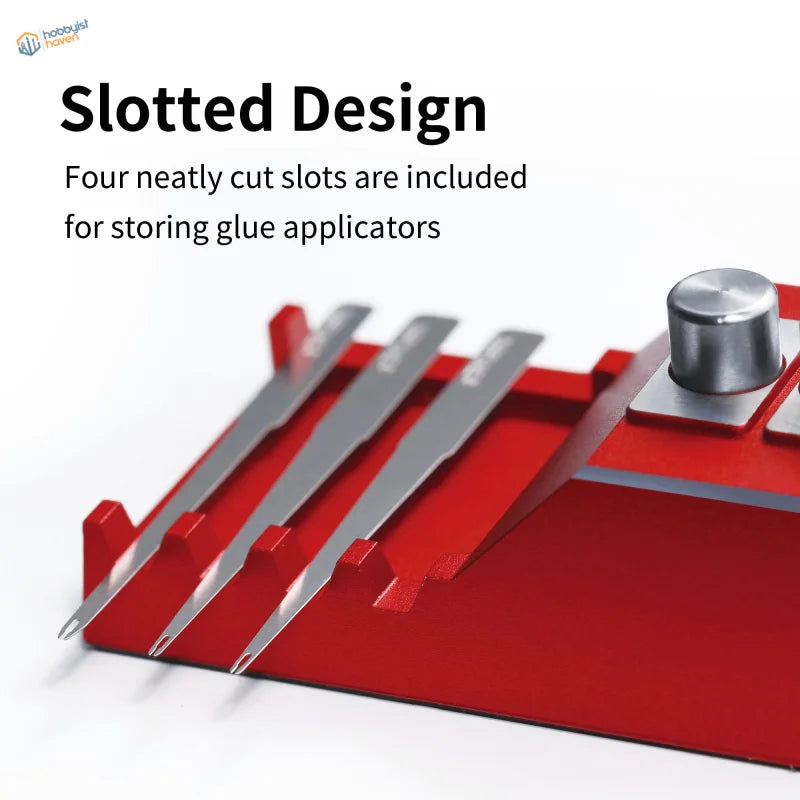 DSPIAE super glue application stand with red organizer holding 4 silver applicators