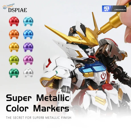 Detailing golden white blue Gundam model with DSPIAE Super-Metallic color markers for scale modeling