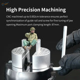 DSPIAE universal spherical vise with silver CNC jaws and miniature soldier figurine
