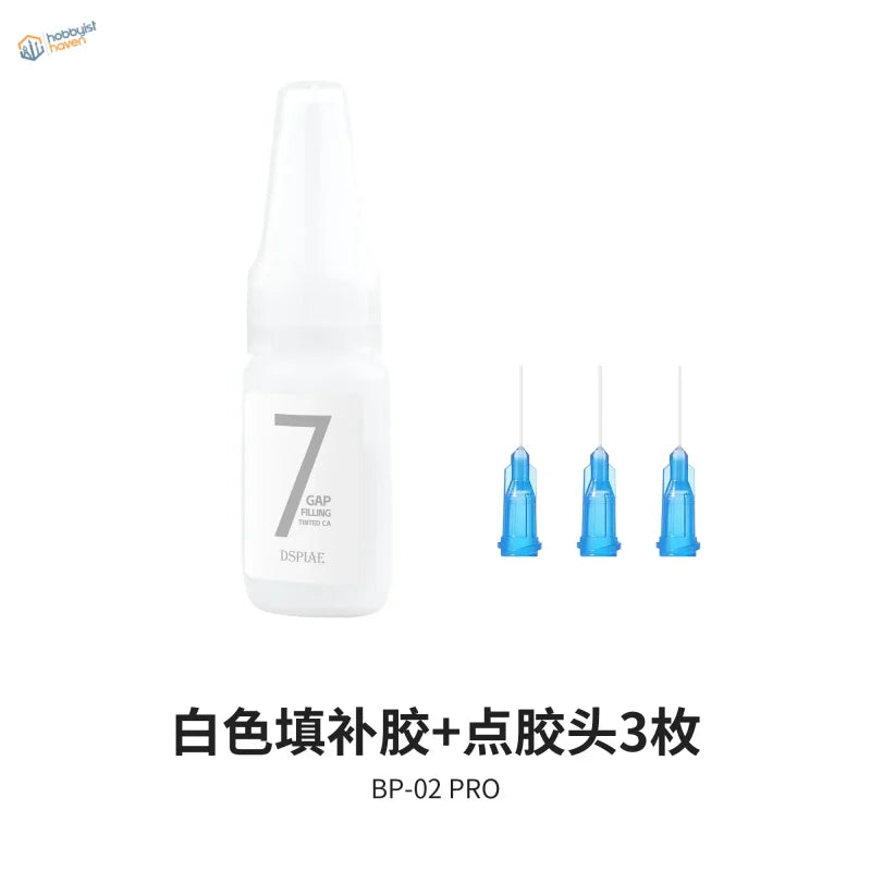 DSPIAE Upgraded Tinted Gap Filling CA white bottle with 3 blue tips