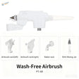 White plastic wash-free pt-ab airbrush with metallic nozzle and threaded base for use with paint mixing bottle and airbrush rack