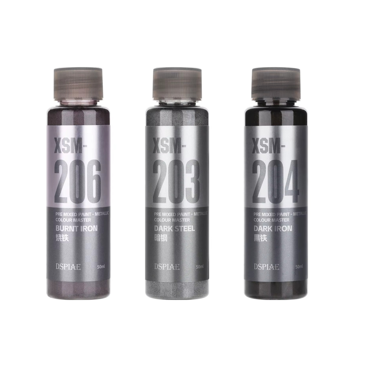 DSPIAE pre-mixed metallic paints: 3 gray 50ml bottles in iron finishes