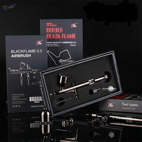 Dual action airbrush with 0.3mm nozzle, black flame metallic finish in packaging