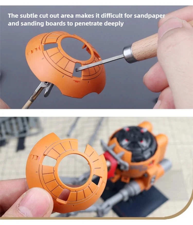 Orange plastic ustar narrow flat polishing file part with cut-out design and segmented ridges for precise polishing