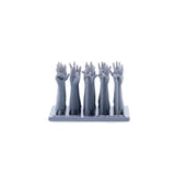 Gray 1/35 3D-printed raised hands figurine set on base for scale modeling tools