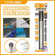 Plamokojo PMKJ044 asymmetric tip decal tweezers on packaging with close-ups of the long tip and rounded curved end