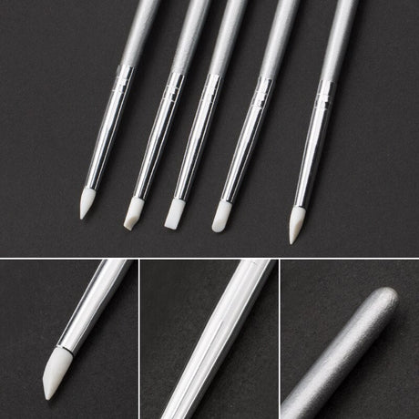 5 pcs silicone brushes with silver finish and white tapered tips for scale modeling