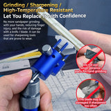 Hand holding the blue Stedi vise clamping a tool while sanding on a cutting mat