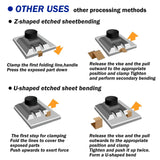 Joystar photo-etched parts bender with gray metal sheet and black press head demonstrating z and u-shaped bending techniques
