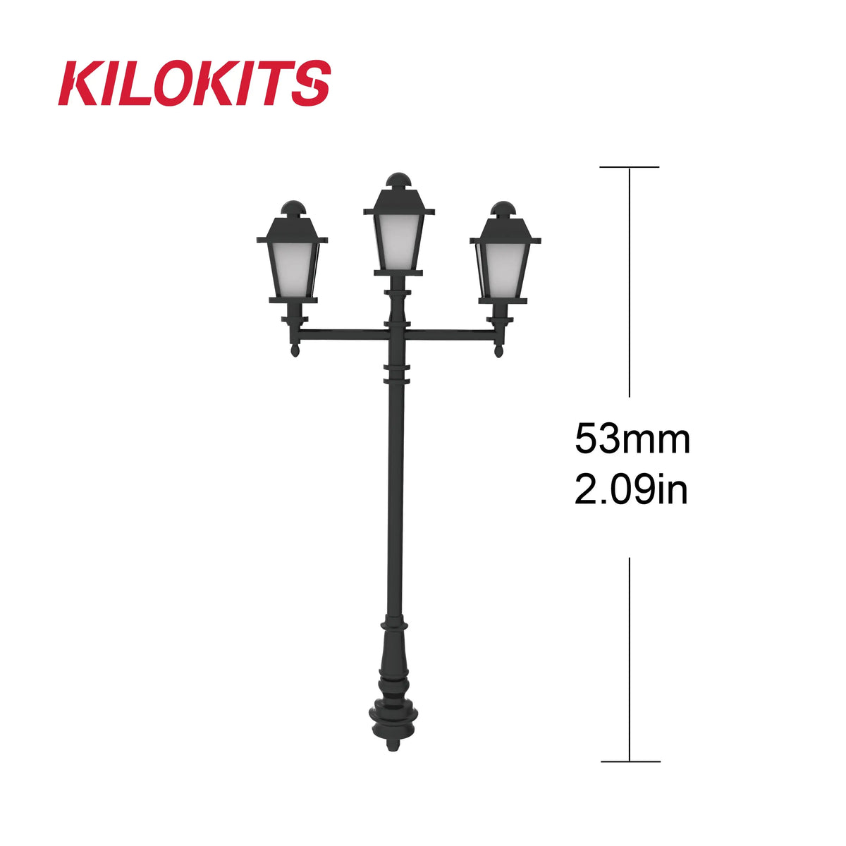 Black kilokits three-lamp street lamp model with classic lanterns and ornate detailing for scale modeling tools and precision hobby tools