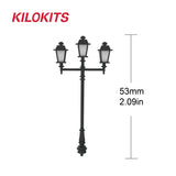 Black kilokits three-lamp street lamp model with classic lanterns and ornate detailing for scale modeling tools and precision hobby tools