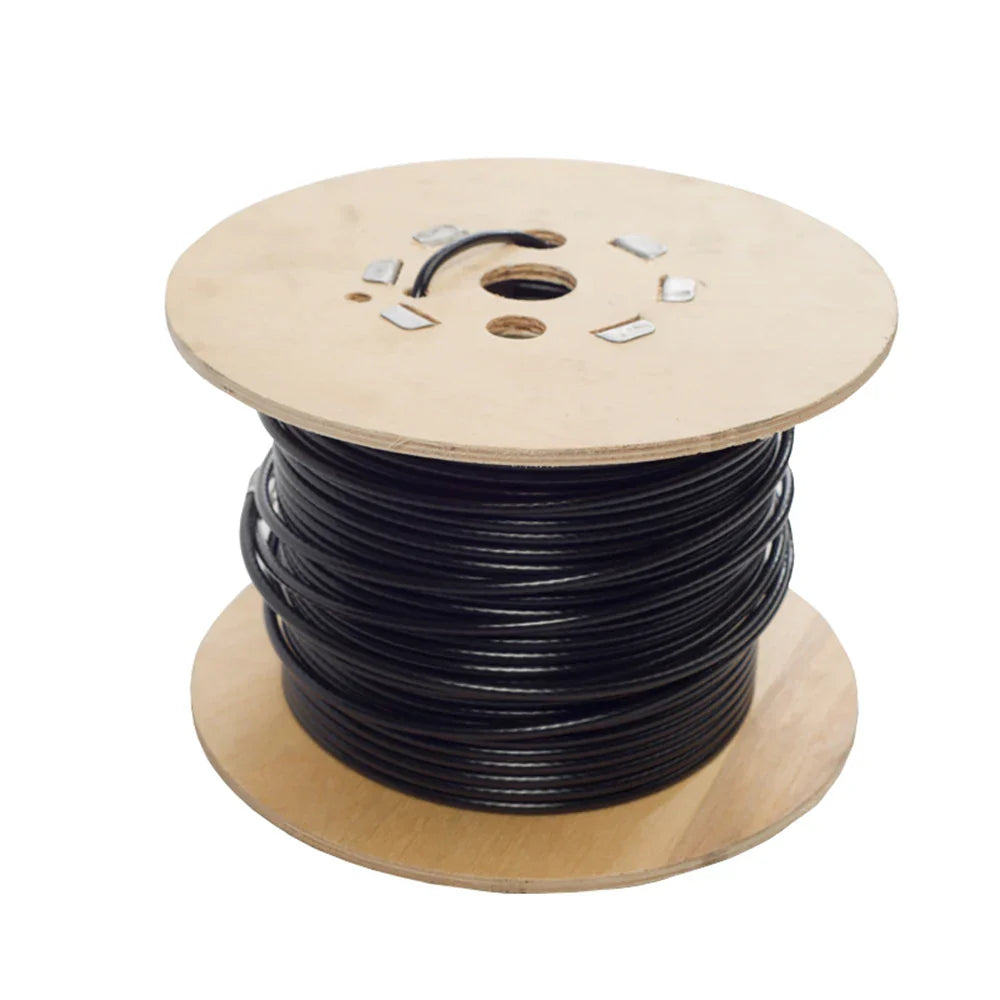 Braided steel wire on wooden spool, black coaxial cable wound tightly