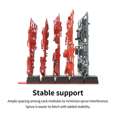 Dspiae sprue organizing tabs with red black model kit parts in rack