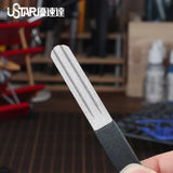 Silver edge chamfering file with black textured grip handle