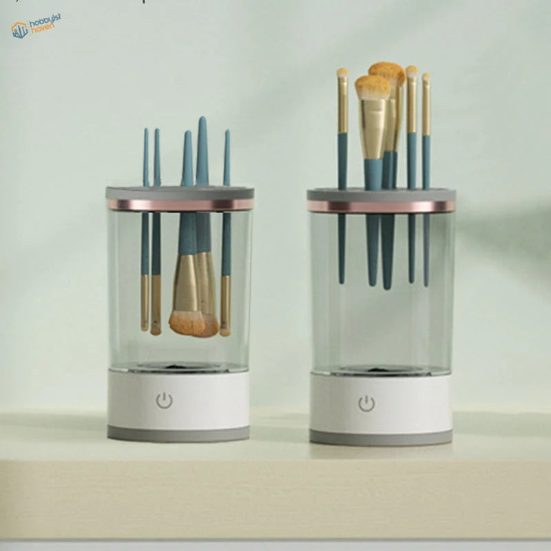 Electric brush cleaning machine with rose gold accents and white base