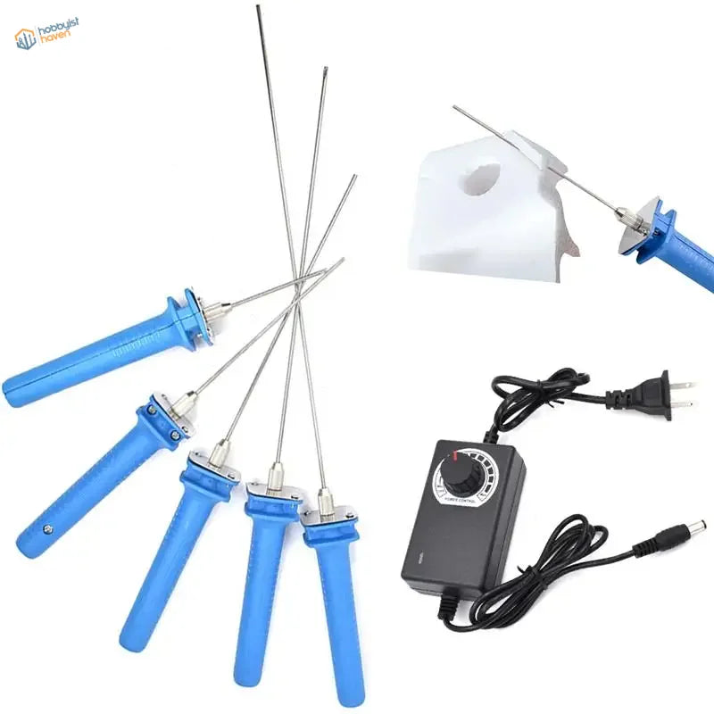 Electric foam cutter set with 5 blue-handled engraving pens and power supply
