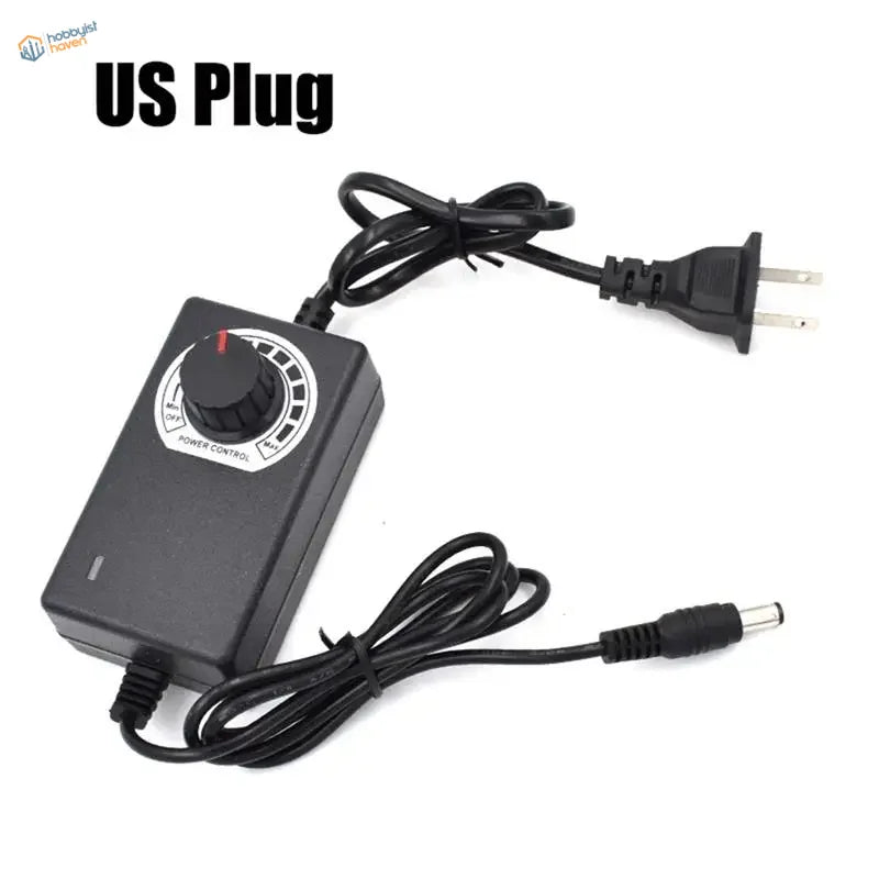 Black plastic electric foam cutter power supply with rotary dial, US plug, DC barrel