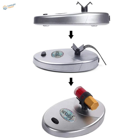 Electric paint bottle shaker with silver base and red gold ReBilly device
