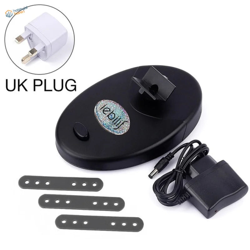 Black oval electric paint bottle shaker base with Leblu logo, mounts, UK plug