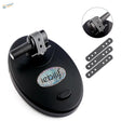 Electric paint bottle shaker with black hair tool, glittery oval logo, metal clamps