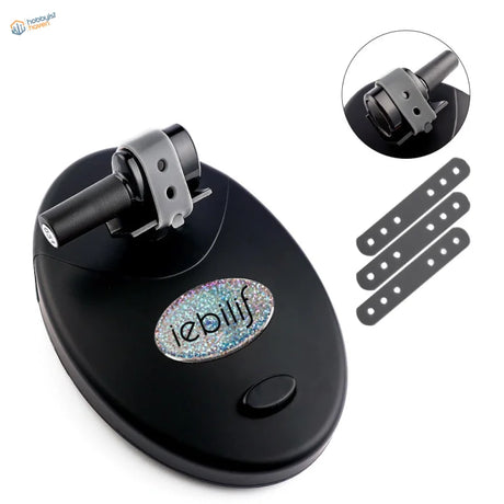 Electric paint bottle shaker with black hair tool, glittery oval logo, metal clamps