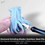Emery blades sanding light blue figurine hair for scale modeling