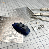 Blue black Gundam car part on engraving auxiliary metal stencil tool